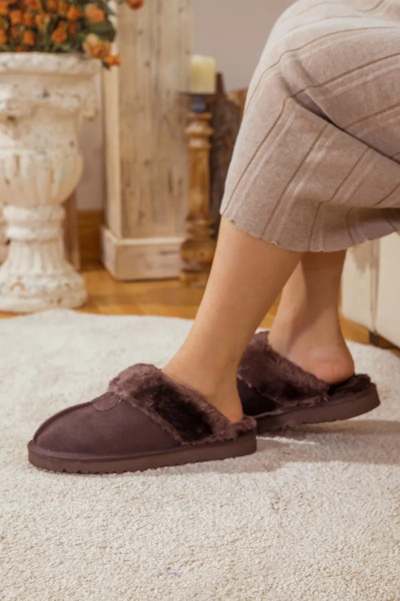 Wool Lined Suede Slipper Brown