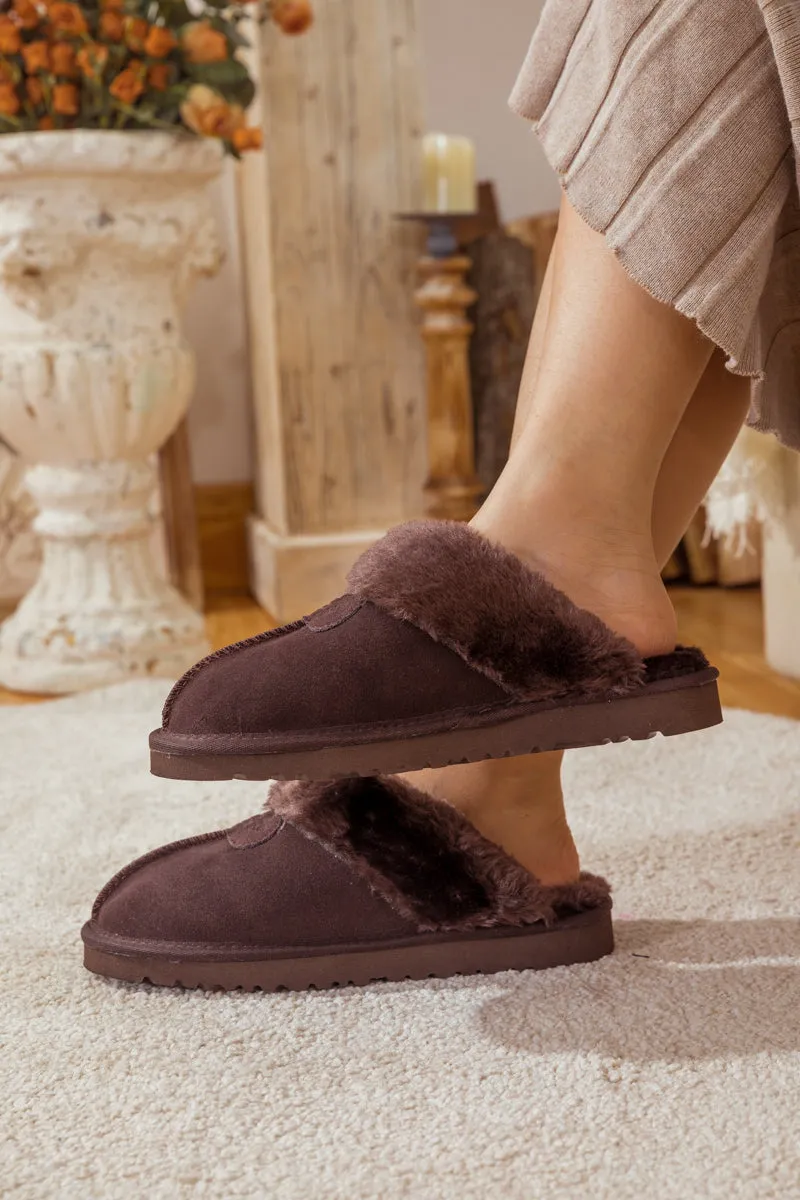 Wool Lined Suede Slipper Brown