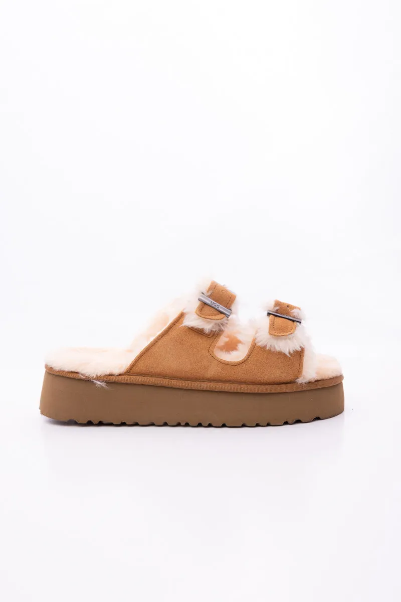 Woolen Suede Double Strap Platform Sandal - Chestnut