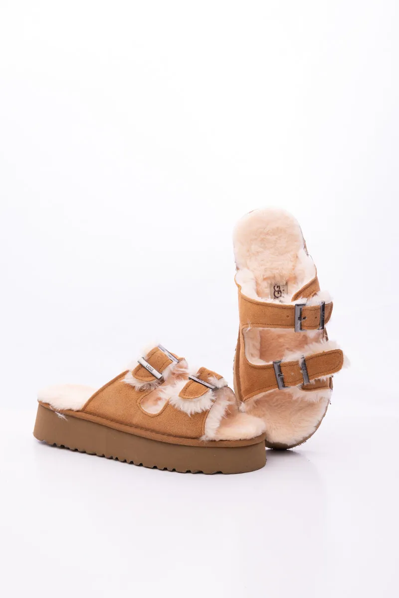 Woolen Suede Double Strap Platform Sandal - Chestnut