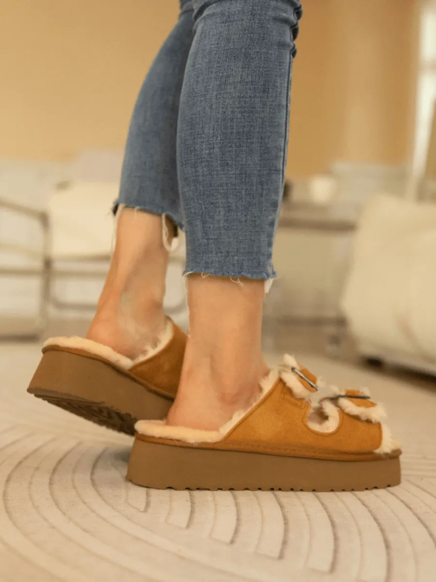 Woolen Suede Double Strap Platform Sandal - Chestnut
