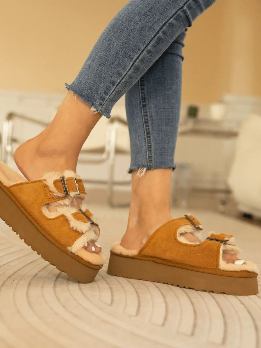 Woolen Suede Double Strap Platform Sandal - Chestnut
