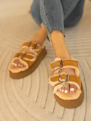 Woolen Suede Double Strap Platform Sandal - Chestnut