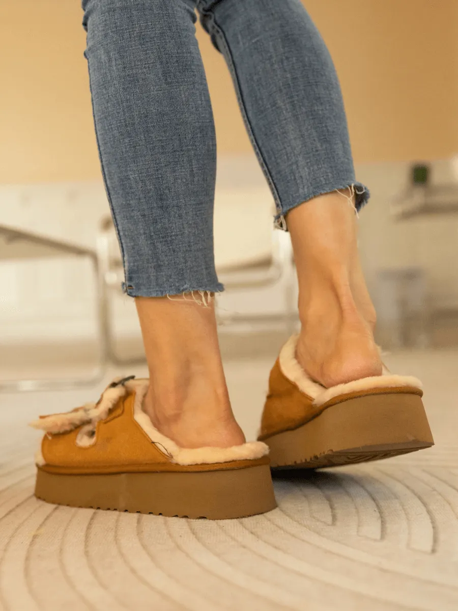Woolen Suede Double Strap Platform Sandal - Chestnut