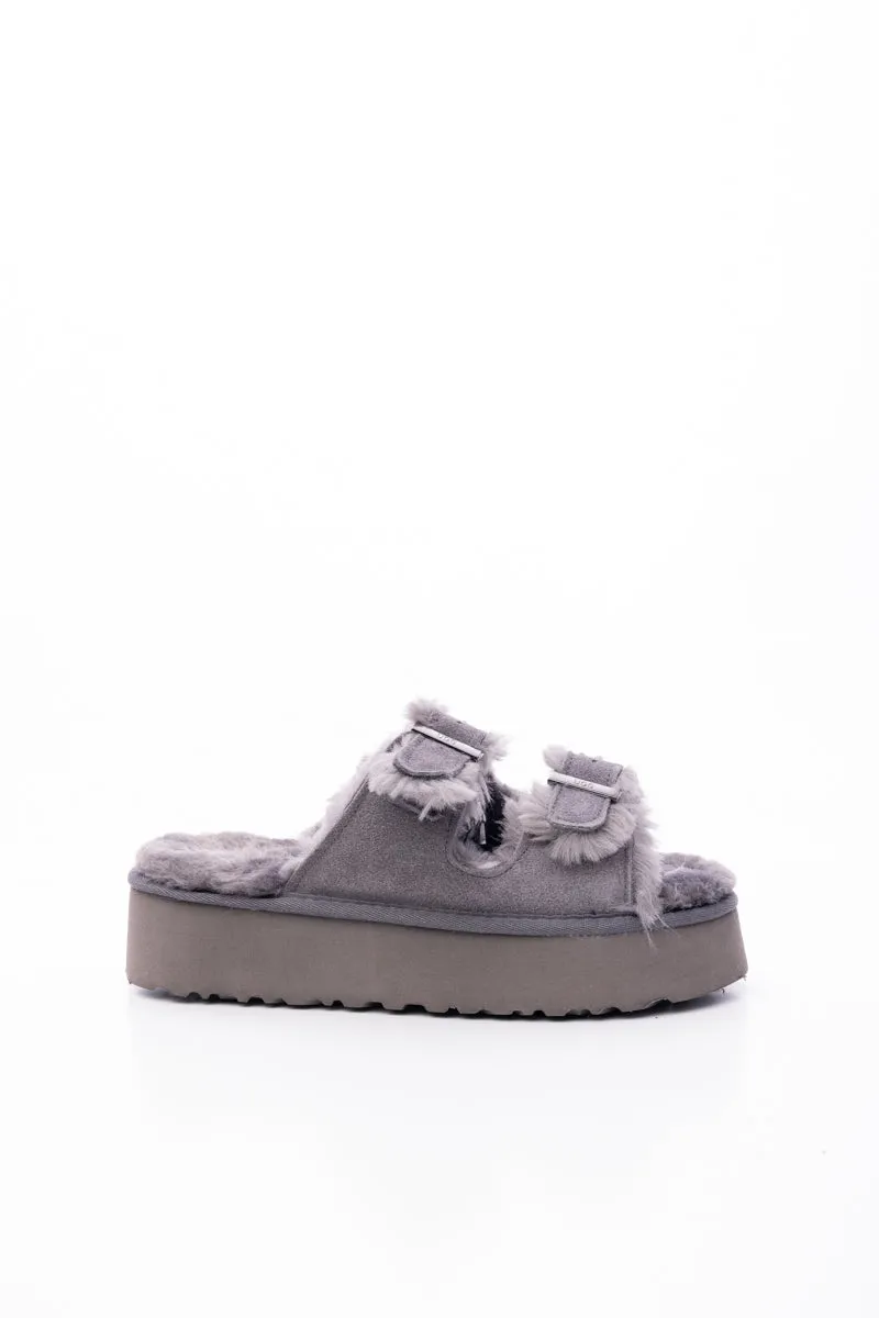 Woolen Suede Double Strap Platform Sandal - Grey