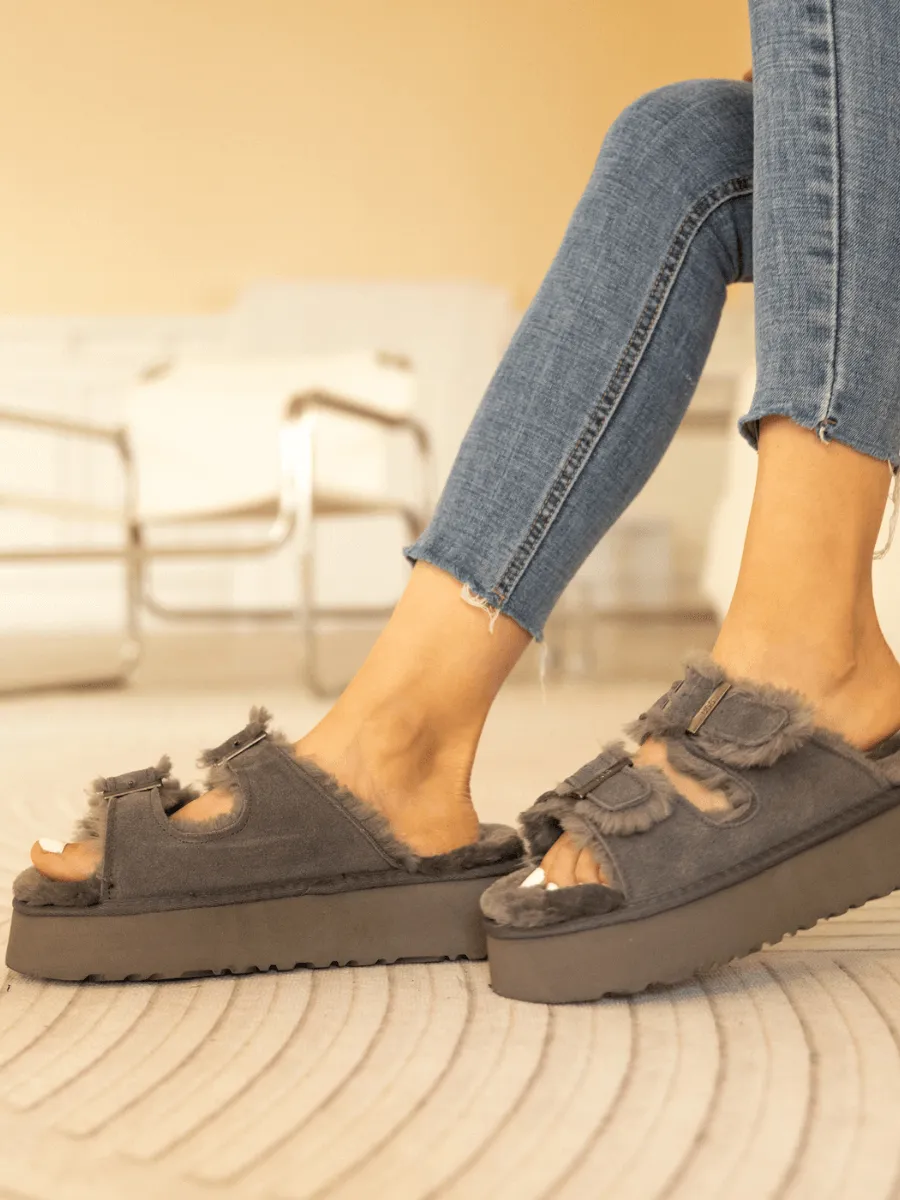 Woolen Suede Double Strap Platform Sandal - Grey