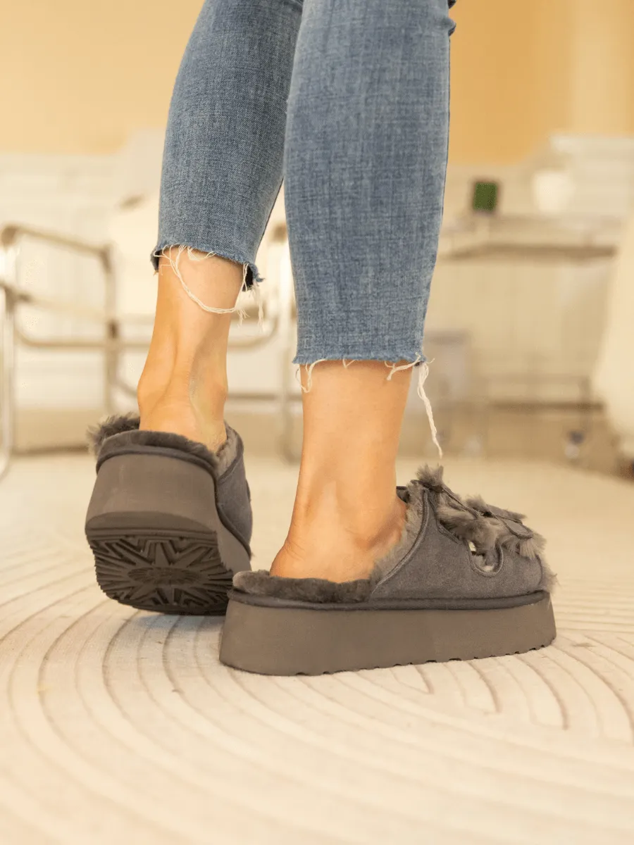 Woolen Suede Double Strap Platform Sandal - Grey