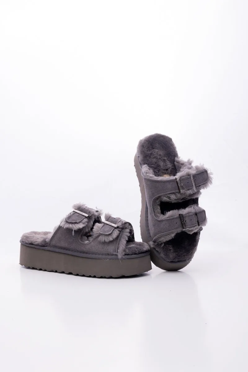Woolen Suede Double Strap Platform Sandal - Grey