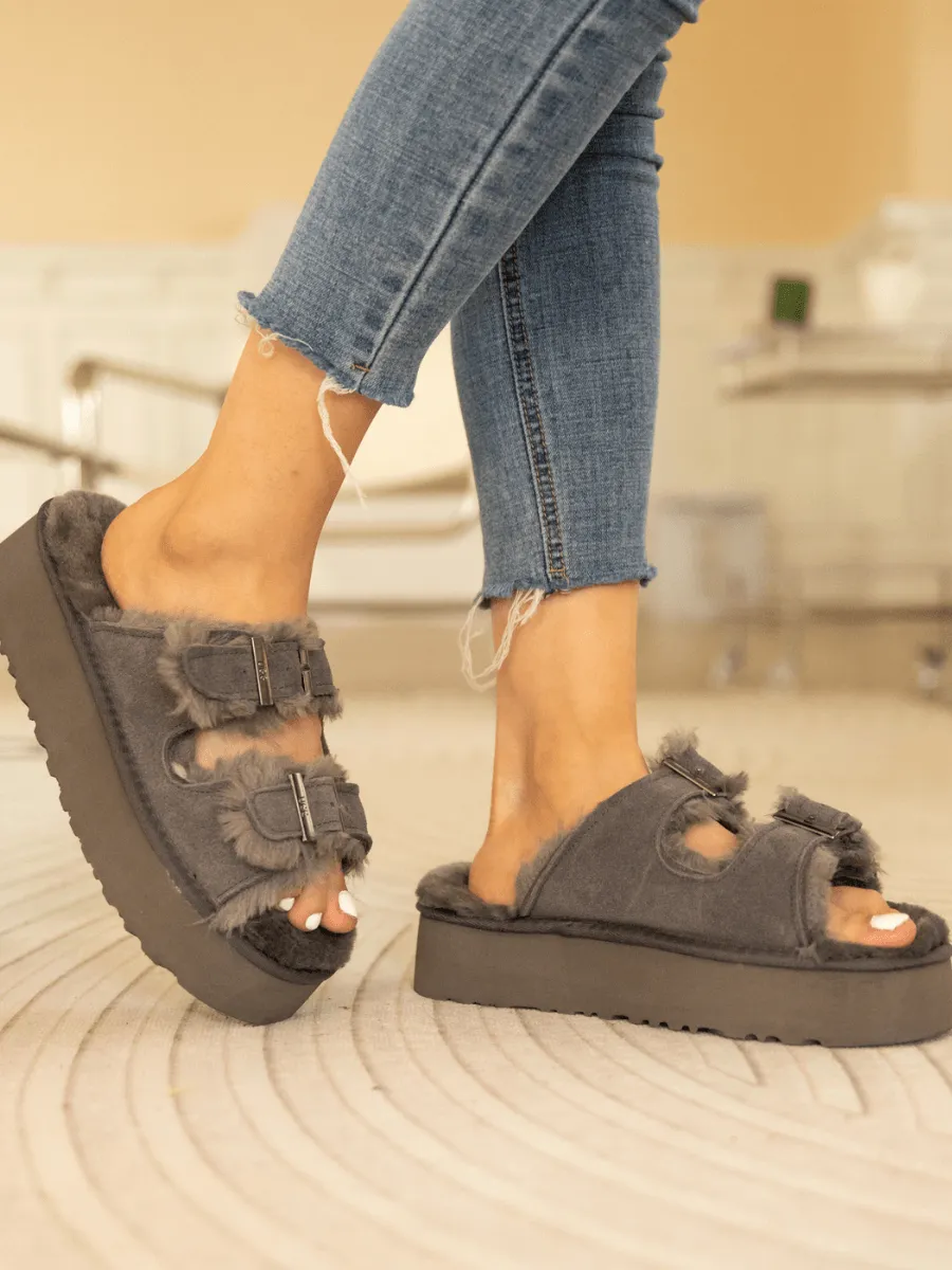 Woolen Suede Double Strap Platform Sandal - Grey