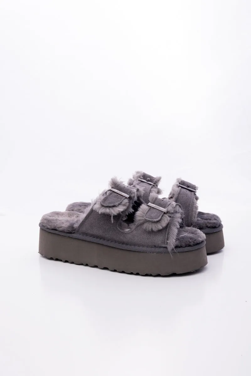 Woolen Suede Double Strap Platform Sandal - Grey