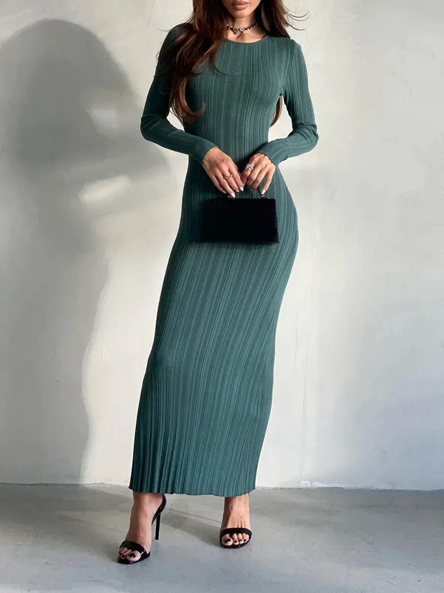 Wsevypo Fall Casual Knit Ribbed Bodycon Long Dress
