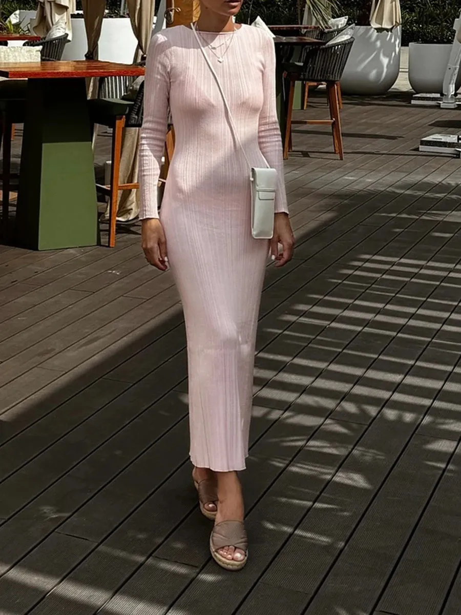 Wsevypo Fall Casual Knit Ribbed Bodycon Long Dress