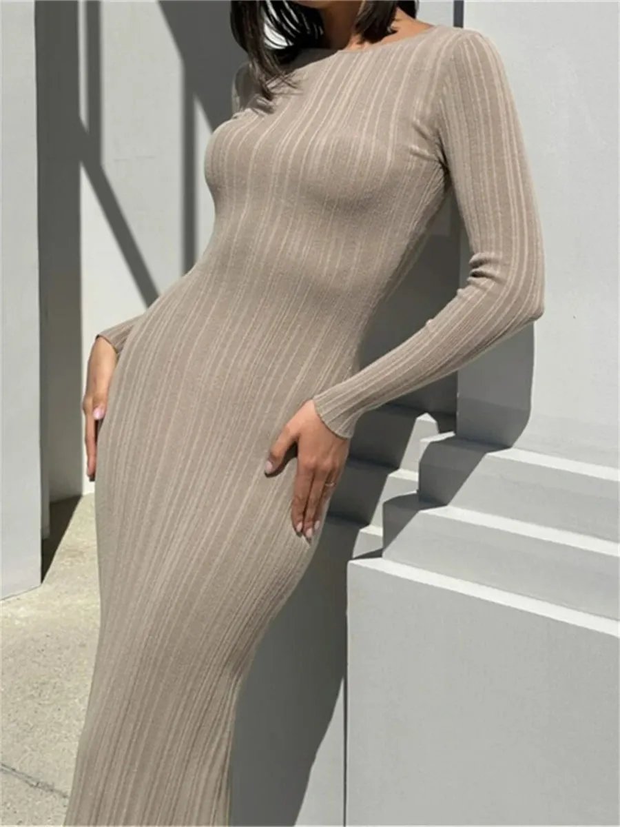 Wsevypo Fall Casual Knit Ribbed Bodycon Long Dress