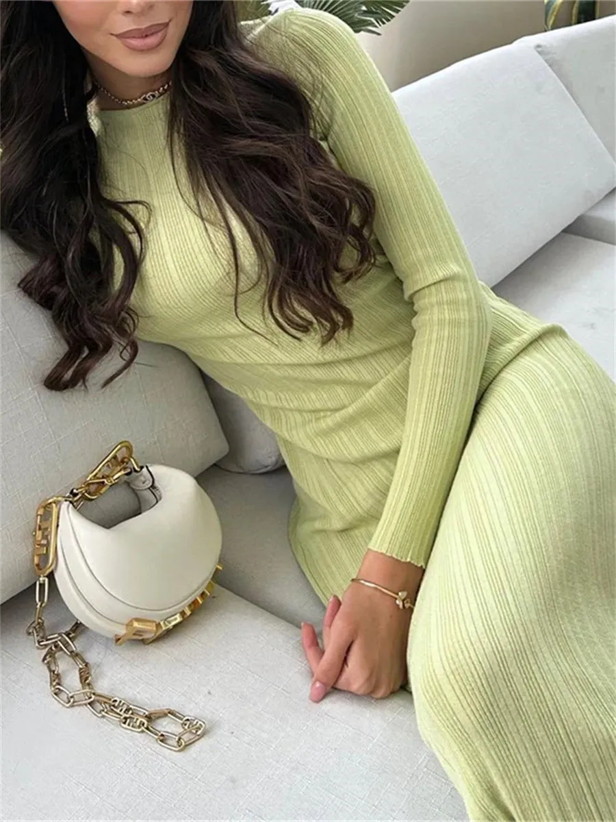 Wsevypo Fall Casual Knit Ribbed Bodycon Long Dress