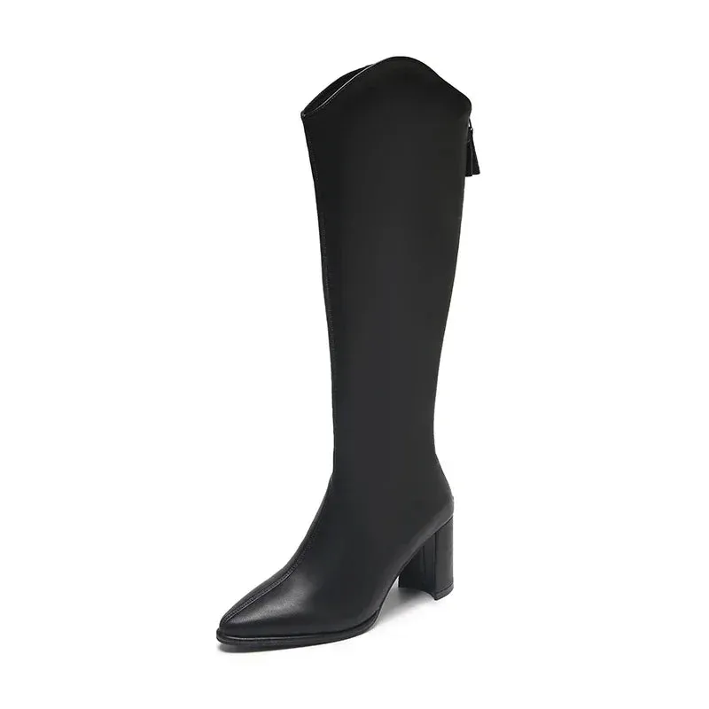 Zipper Boots with Thick High Heels – Simple Design, Knee High, Autumn & Winter Boots
