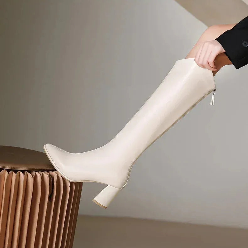 Zipper Boots with Thick High Heels – Simple Design, Knee High, Autumn & Winter Boots