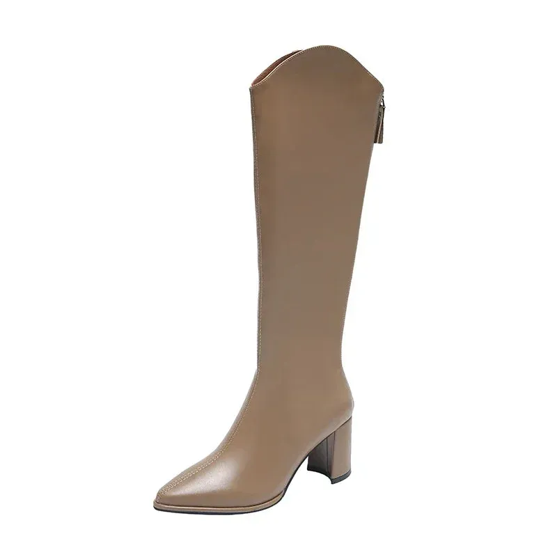 Zipper Boots with Thick High Heels – Simple Design, Knee High, Autumn & Winter Boots
