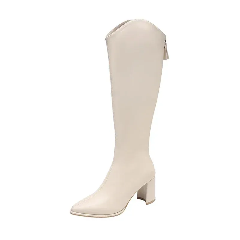 Zipper Boots with Thick High Heels – Simple Design, Knee High, Autumn & Winter Boots