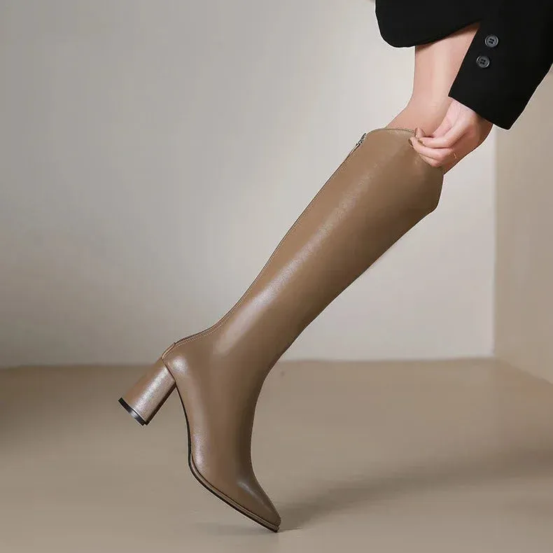 Zipper Boots with Thick High Heels – Simple Design, Knee High, Autumn & Winter Boots