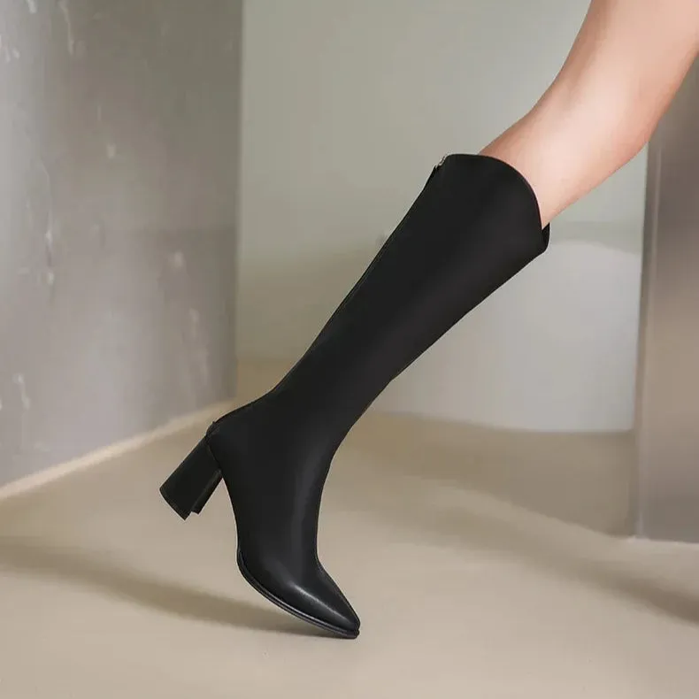 Zipper Boots with Thick High Heels – Simple Design, Knee High, Autumn & Winter Boots